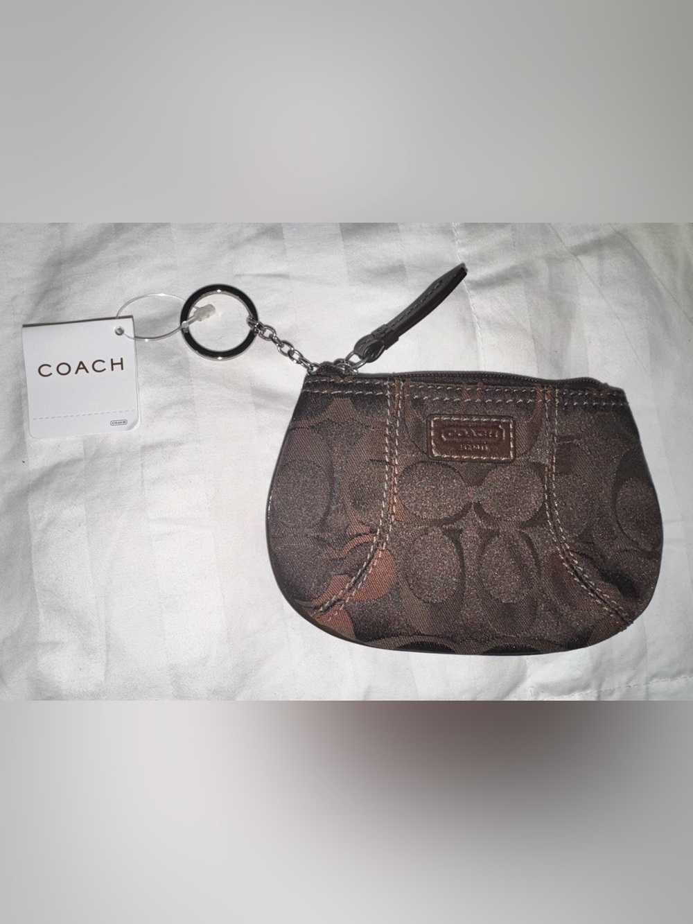 Coach Brown Signature Jacquard Key Wristlet NWT